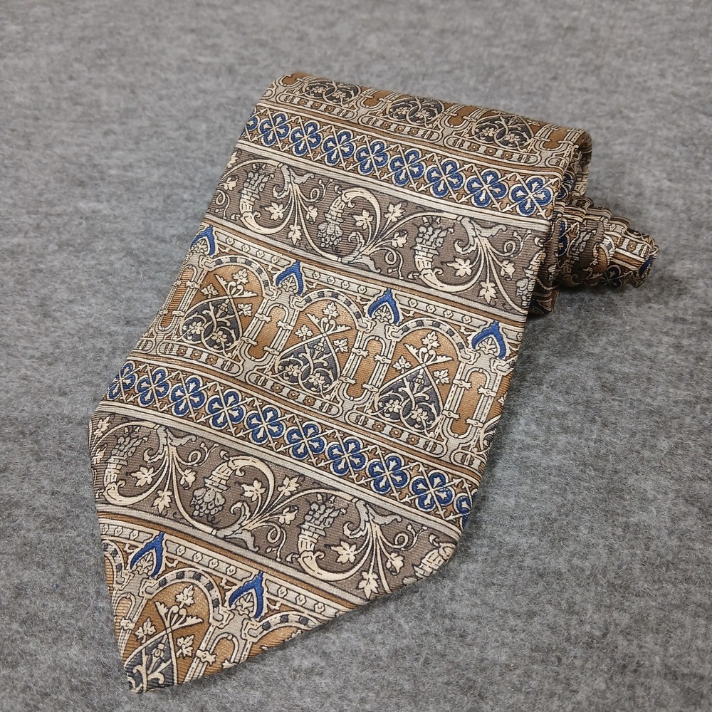 Bill Blass Necktie Mens Gold Brown Blue Silk Architectural Tapestry Pattern